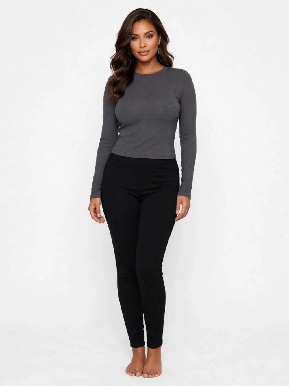MEROKEETY Dark Gray Ribbed Long-Sleeve Top M — Crew Neck New with Tags